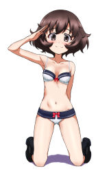  1girl akiyama_yukari black_footwear blue_bra blue_panties blush bra breasts brown_eyes brown_hair cleavage closed_mouth collarbone dress eyebrows_hidden_by_hair full_body girls_und_panzer gluteal_fold highres kayabakoro kneeling looking_at_viewer multicolored_bra multicolored_clothes multicolored_panties navel panties sailor_dress salute shiny_skin shoes short_hair simple_background small_breasts smile solo underwear white_background white_bra white_panties  rating:Sensitive score:99 user:qqnned