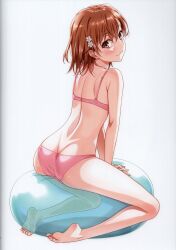  1girl absurdres ass ball bare_back bare_legs bare_shoulders barefoot blush bra brown_eyes brown_hair closed_mouth exercise_ball feet flower from_behind full_body hair_flower hair_ornament highres isshi_pyuma legs looking_at_viewer looking_back matching_hair/eyes misaka_mikoto panties scan see-through short_hair shoulder_blades smile soles solo thick_thighs thighs toaru_kagaku_no_railgun toaru_majutsu_no_index toes underwear white_background  rating:Sensitive score:25 user:danbooru
