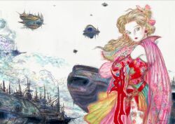 1girl aircraft airship amano_yoshitaka blonde_hair bow cape commentary detached_sleeves english_commentary final_fantasy final_fantasy_vi floral_print hair_bow highres looking_at_viewer official_art pale_skin pantyhose pink_cape red_lips solo sword tina_branford weapon 
