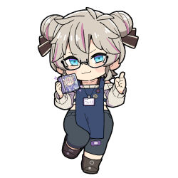  1girl :3 akichi_360 alternate_costume antenna_hair apron bandaid bandaid_on_knee bandaid_on_leg bespectacled black_pants blue_apron blue_eyes boots box brown_footwear brown_hair brown_ribbon brown_sweater chibi commentary_request cropped_sweater double_bun glasses hair_bun hair_ribbon hand_up hands_up highres holding holding_box index_finger_raised indie_virtual_youtuber kasukabe_tsukushi lanyard long_sleeves looking_at_viewer multicolored_hair name_tag off-shoulder_sweater off_shoulder pants purple_hair ribbon short_hair simple_background solo standing standing_on_one_leg streaked_hair sweater v-shaped_eyebrows virtual_youtuber white_background 