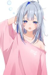 1girl amane_kanata arm_behind_head bare_shoulders blue_hair grey_hair hair_intakes highres hololive off_shoulder open_mouth oversized_clothes oversized_shirt pink_shirt purple_eyes shirt simple_background solo sui._(suikun) virtual_youtuber white_background yawning 