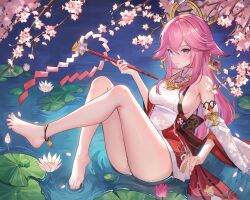  1girl animal_ears ankle_bell ankle_strap bare_legs bare_shoulders barefoot bell branch breasts cherry_blossom_print cherry_blossoms detached_sleeves earrings falling_petals feet floppy_ears floral_print foot_up fox_ears frog full_body genshin_impact gohei hair_between_eyes hair_ornament highres holding holding_gohei iino_(isnyong) jewelry jingle_bell knees_up legs lily_pad long_hair looking_at_viewer medium_breasts nail_polish necklace nontraditional_miko panties petals pink_hair pink_nails purple_eyes red_skirt shirt sideboob sitting_on_water skirt sleeveless sleeveless_turtleneck smile solo thighs toenails toes turtleneck underwear water white_panties white_shirt wide_sleeves yae_miko  rating:Sensitive score:32 user:danbooru