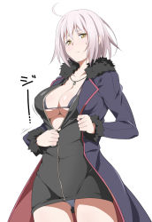  1girl ahoge bad_id bad_pixiv_id bikini bikini_under_clothes black_bikini black_jacket blush bouncing_breasts breasts cleavage closed_mouth coat collarbone covered_navel cowboy_shot endou_masatoshi fate/apocrypha fate_(series) from_below frown fur-trimmed_coat fur-trimmed_sleeves fur_trim gluteal_fold jacket jeanne_d&#039;arc_(fate) jeanne_d&#039;arc_alter_(fate) jeanne_d&#039;arc_alter_(ver._shinjuku_1999)_(fate) jewelry large_breasts long_sleeves looking_at_viewer motion_lines necklace no_pants official_alternate_costume open_clothes open_jacket pendant purple_coat short_hair silver_hair simple_background solo standing sweatdrop swimsuit translation_request undressing unzipping white_background yellow_eyes 
