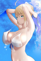 1girl ahoge alternate_breast_size armpits arms_up artoria_pendragon_(all) artoria_pendragon_(fate) blonde_hair bottomless braid braided_bun breasts fate/stay_night fate_(series) green_eyes hair_bun large_breasts light_smile long_hair mouth_hold p9_(susisasimi) raised_eyebrows saber_(fate) single_hair_bun solo sweat swimsuit tying_hair rating:Questionable score:35 user:danbooru