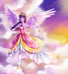1girl :d animal_ears bare_shoulders blunt_bangs character_name choker cloud collarbone colored_skin colorful detached_sleeves dress feathered_wings full_body gown horns long_hair my_little_pony my_little_pony:_friendship_is_magic open_mouth outstretched_hand personification pink_dress princess purple_hair purple_skin shiron2611 single_horn smile solo spoilers twilight_sparkle wings rating:Sensitive score:11 user:danbooru