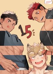 3boys abs animal_ears bar_censor bara bare_pectorals black_hair blue_hoodie blush censored dog_boy dog_ears dog_tail earrings erection gondom group_sex highres hood hoodie jacket jewelry large_pectorals licking_lips light_brown_hair male_focus mmm_threesome multicolored_hair multiple_boys muscular nipples original paid_reward_available pectorals penis red_eyes red_hair revealing_layer saliva sharp_teeth short_hair sideburns tail teeth testicles thick_eyebrows threesome tongue tongue_out track_jacket two-tone_hair undercut yaoi yellow_eyes rating:Explicit score:13 user:danbooru