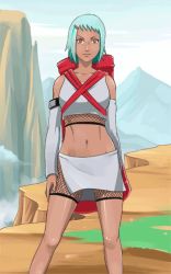 1girl alter-22 animated animated_gif backpack bag detached_sleeves fuu_(naruto) green_hair hair_ornament hairclip looking_at_viewer lowres midriff naruto_(series) naruto_shippuuden navel orange_eyes outdoors solo standing wind wind_lift rating:Sensitive score:70 user:gabbad