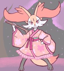 1girl animal_ear_fluff animal_ears animal_feet animal_nose arm_up black_fur body_fur braixen cherry_blossoms closed_mouth creatures_(company) female_focus flat_chest flat_color floral_print_kimono fox_ears fox_girl fox_tail full_body furry furry_female game_freak gardear058 gen_6_pokemon hand_on_own_hip happy holding holding_stick jaggy_lines japanese_clothes kimono legs_apart long_sleeves looking_at_viewer multicolored_fur nintendo orange_kimono outdoors petals pokemon pokemon_(creature) red_eyes sash smile solo standing stick tail tree white_fur wide_sleeves yellow_fur