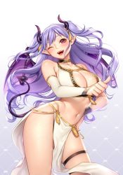 1girl bare_shoulders blush bracelet breasts bridal_gauntlets choker cleavage collarbone commentary_request demon_girl demon_horns demon_tail demon_wings fangs gradient_background hand_on_own_hip head_tilt highres horns jewelry kasou_shoujo large_breasts light_purple_hair lips long_hair looking_at_viewer masami_chie midriff navel one_eye_closed open_mouth pelvic_curtain pointy_ears purple_eyes shiny_skin simple_background smile solo stomach tail thigh_strap thighs virtual_youtuber wings yumeno_ulala rating:Sensitive score:39 user:danbooru