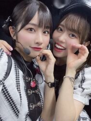 2girls costume date_sayuri indoors looking_at_viewer microphone misaki_nako multiple_girls photo_(medium) selfie smile standing voice_actor