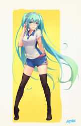 1girl :d ahoge artist_name atdan bad_id bad_pixiv_id belt black_thighhighs blush breasts buckle buttons collared_shirt contrapposto full_body green_eyes green_hair hatsune_miku headphones heart heart-shaped_pupils highres long_hair looking_at_viewer matching_hair/eyes open_mouth parted_lips shirt short_shorts short_sleeves shorts sidelocks simple_background smile solo standing symbol-shaped_pupils teeth thighhighs tiptoes twintails very_long_hair vocaloid white_shirt yellow_background zettai_ryouiki rating:Sensitive score:29 user:danbooru