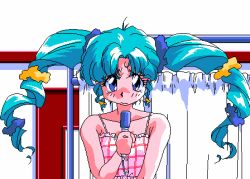  1girl adjusting_hair animahjong animahjong_x animated animated_gif aqua_hair blue_eyes earrings hoshino_kirara hoshino_kirara_(animahjong) indoors jewelry long_hair looking_at_viewer lowres microphone no_bra pc-98_(style) pc98 sogna solo twintails  rating:Sensitive score:24 user:danbooru