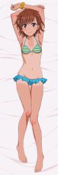  1girl armpits arms_up barefoot bed_sheet bikini breasts brown_eyes brown_hair collarbone dot_nose female_focus fingernails from_above full_body hair_ornament highres legs_together looking_at_viewer lying misaka_mikoto navel on_back on_bed one-piece_tan scrunchie short_hair small_breasts smile solo swimsuit tan tanline thigh_gap third-party_edit toaru_kagaku_no_railgun toaru_majutsu_no_index toenails toes wrist_scrunchie wristband yellow_scrunchie  rating:General score:26 user:Snugrailgun