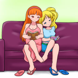  2girls barefoot blonde_hair blossom_(ppg) blouse book bubbles_(ppg) couch crossed_legs feet full_body hairband happy highres j8d legs multiple_girls aged_up orange_hair powerpuff_girls reading red_hair sandals shirt siblings sisters sitting skirt smile toes twintails  rating:Sensitive score:24 user:Yet_One_More_Idiot