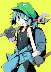  1girl asameshi backpack bag blue_hair boots cattail cucumber flat_cap front_ponytail green_bag green_hat hair_ornament hammer hat kappa kawashiro_nitori key plant rubber_boots tokin_hat tongue tongue_out touhou two_side_up wrench yellow_background 