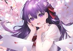 1girl absurdres blush cherry_blossoms commentary_request dress embarrassed fate/stay_night fate_(series) floating_hair flower hair_between_eyes hair_ribbon highres holding holding_letter letter long_hair looking_at_viewer love_letter matou_sakura open_mouth out_of_frame outdoors pink_flower purple_eyes purple_hair red_ribbon ribbon sakurada_nana short_sleeves teeth upper_teeth_only white_dress 