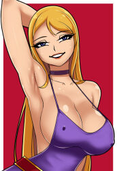  1girl arm_behind_head arm_up armpits bare_shoulders blonde_hair border breasts choker cleavage collarbone commentary covered_erect_nipples curvy dress english_commentary eyelashes highres jenet_behrn large_breasts lips lipstick long_hair looking_at_viewer makeup parted_lips presenting_armpit purple_dress purple_eyes red_background saberrung shiny_skin sideboob simple_background sleeveless sleeveless_dress smile solo teeth the_king_of_fighters upper_body white_border 