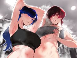  2girls absurdres armpits arms_up blue_eyes blue_hair blush breasts grin highres kagto_(alterna) large_breasts long_hair looking_at_viewer multiple_girls navel open_mouth original ponytail red_eyes red_hair smile sweat teeth towel underboob  rating:Questionable score:43 user:danbooru