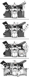  3girls ? abyssal_ship backpack bag blush_stickers chibi claws colored_skin comic commentary_request cup dress drinking escort_fortress_(kancolle) flying_sweatdrops greyscale highres hood hooded_jacket hoodie horns jacket kantai_collection kneeling long_hair mittens monochrome multiple_girls northern_ocean_princess pale_skin pillow re-class_battleship ribbed_dress scarf seaport_princess short_dress short_hair single_horn sitting spoken_question_mark spot_color steam surprised sweater sweater_dress tail tetsukui thighs translation_request turret white_hair white_skin 