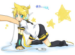  1boy all_fours aqua_eyes asata bad_id bad_pixiv_id blonde_hair blush cable detached_sleeves eringihata headphones kagamine_len leaning male_focus mini_person miniboy necktie open_mouth poking short_hair solo star_(symbol) translated usb vocaloid yellow_necktie  rating:Sensitive score:16 user:danbooru