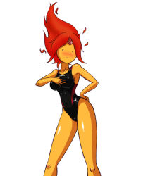  1girl adventure_time arena_(company) black_one-piece_swimsuit blush breasts cartoon_network collarbone colored_skin competition_swimsuit deadmoon_(kein2002) flame_princess forehead_jewel hand_on_own_chest hand_on_own_hip long_hair looking_at_viewer medium_breasts one-piece_swimsuit orange_hair orange_skin smile standing swimsuit white_background  rating:Sensitive score:54 user:catonfire26