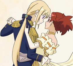 2girls alternate_costume bare_shoulders blonde_hair blu blu_(bluart_) blue_suit choker closed_mouth couple dancing dress earrings elbow_gloves epaulettes eye_contact face-to-face female_focus formal gloves hair_ornament hair_ribbon holding_hands izetta jewelry long_hair long_sleeves looking_at_another low_ponytail matching_hair/eyes multiple_girls neck off-shoulder_dress off_shoulder ortfine_fredericka_von_eylstadt ponytail purple_eyes red_eyes red_hair reverse_trap ribbon shadow short_hair shuumatsu_no_izetta smile suit tomboy upper_body white_gloves yellow_choker yellow_dress yuri rating:Sensitive score:9 user:Recoil