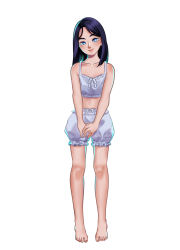  1girl arcane:_league_of_legends bare_arms barefoot black_hair bloomers blue_eyes blush bra caitlyn_(league_of_legends) collarbone commentary flat_chest full_body highres kaizy_(kaizy_07) league_of_legends long_hair looking_at_viewer own_hands_together smile solo underwear white_bra  rating:Sensitive score:13 user:danbooru