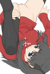  black_hair blue_eyes blush bottomless breasts fate/stay_night fate_(series) looking_at_viewer pubic_hair pussy shichimenchou solo spread_legs thighhighs tohsaka_rin tongue tongue_out turtleneck uncensored  rating:Explicit score:54 user:bywon