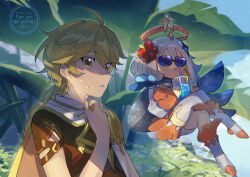  1boy 1girl aether_(genshin_impact) ahoge armor artist_name blonde_hair blue_scarf blue_sky boots braid brown_shirt cape cloud commentary_request crossed_legs crystal_hair_ornament cup day drink drinking drinking_glass drinking_straw flower flying fushitasu genshin_impact giant_leaf gold_trim grey_hair hair_between_eyes hair_flower hair_ornament halo hand_up holding holding_cup long_hair long_sleeves looking_at_viewer mechanical_halo outdoors paimon_(genshin_impact) puffy_long_sleeves puffy_sleeves red_flower romper scarf shadow shirt short_hair short_sleeves shoulder_armor single_thighhigh sky standing starry_sky_print sunglasses sunlight sweat teeth thighhighs white_footwear white_romper white_scarf white_thighhighs yellow_cape yellow_eyes 