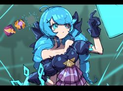 1girl absurdres ahoge bare_shoulders black_gloves blurry blurry_background breasts detached_sleeves drill_hair gloves green_eyes green_hair gwen_(league_of_legends) hair_ornament hand_up highres holding league_of_legends medium_breasts monakan_japan solo standing swept_bangs twin_drills twintails x_hair_ornament rating:Sensitive score:3 user:danbooru