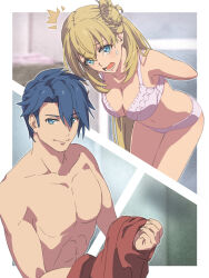  1boy 1girl ^^^ abs agnes_claudel blue_eyes blue_hair blurry blurry_background border breasts chiharu_(9654784) cleavage closed_mouth commentary_request eiyuu_densetsu highres kuro_no_kiseki large_breasts leaning_forward looking_at_viewer open_mouth outside_border pectorals red_shirt shirt short_hair smile sweat underwear unworn_shirt van_arkride white_border 