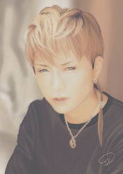  10s 1boy 2012 black_shirt blonde_hair blue_eyes contacts earrings gackt highres j-rock jewelry looking_at_viewer male_focus musician necklace photorealistic realistic shirt solo 