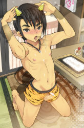2boys arms_up bad_id bad_pixiv_id barefoot black_eyes black_hair calendar_(object) censored coin_rand disembodied_hand disembodied_penis erection fellatio from_above invisible_man invisible_penis jewelry kneeling kotatsu looking_at_viewer male_focus multiple_boys navel necklace nipples no_pants oni oral original penis topless_male short_hair solo_focus table underwear underwear_only yaoi rating:Explicit score:76 user:danbooru