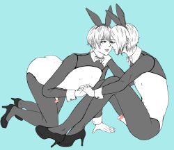  2boys ass bow bowtie censored eye_contact heart heart_censor high_heels highres holding_hands kaaaaan looking_at_another male_focus meme_attire multiple_boys penis reverse_bunnysuit reverse_outfit yaoi  rating:Explicit score:1 user:cutedrop