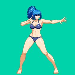 1girl abs aoi_ship bare_shoulders barefoot bikini blue_eyes blue_hair breasts cleavage earrings jewelry large_breasts leona_heidern long_hair muscular muscular_female navel pixel_art ponytail simple_background snk solo swimsuit the_king_of_fighters rating:Sensitive score:5 user:danbooru