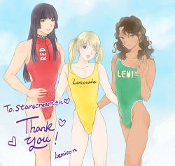  3boys black_eyes black_hair blonde_hair blue_eyes blunt_bangs bulge crossdressing earrings english_text green_eyes hime_cut jewelry lemicon long_hair looking_at_viewer male_focus multiple_boys open_mouth original smile swimsuit trap twintails waving  rating:Questionable score:24 user:FabricioDias