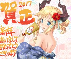  1girl 2017 :d akeome bare_shoulders blonde_hair blue_bow blue_eyes blue_kimono bow brave_girl_ravens breasts chinese_zodiac floral_print flower hagoita hair_bow hair_flower hair_ornament hiiragi_tomoka horns japanese_clothes kimono large_breasts looking_at_viewer new_year no_bra open_mouth paddle print_kimono short_hair sidelocks smile solo upper_body year_of_the_rooster yukata zenea_(brave_girl_ravens) 