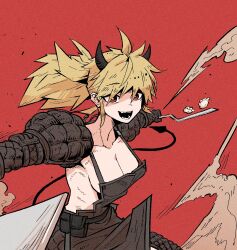  1girl backless_outfit black_overalls blonde_hair breasts cleavage collarbone commentary demon_horns demon_tail dorohedoro han_gong highres horns large_breasts nikaidou_(dorohedoro) open_mouth overalls ponytail red_background red_eyes sideboob solo tail waist_bag 