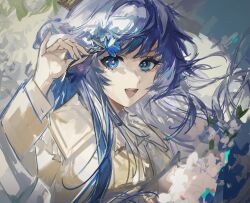 1girl absurdres arknights astgenne_(arknights) astgenne_(her_aspiration)_(arknights) blue_eyes blue_flower blue_hair diamond-shaped_pupils diamond_(shape) floating_hair flower hand_up highres holding holding_flower long_hair long_sleeves looking_at_viewer open_mouth qianzhu shirt sketch symbol-shaped_pupils teeth upper_body upper_teeth_only white_shirt