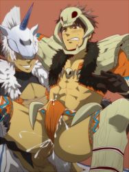  2boys abs anal armor battikoi bone bone_armor_(monster_hunter) brown_hair capcom clothed_sex cum cum_in_ass cum_on_clothes ejaculation gloves hihumi jewelry kirin_(armor) male_focus male_penetrated mask monster_hunter_(series) multiple_boys muscular necklace open_clothes open_shirt penis sex shirt spread_legs testicles uncensored vest white_hair yaoi  rating:Explicit score:66 user:Zoahc