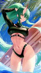  1girl absurdres aoi_tooru arknights arm_up blue_sky breasts commentary_request crop_top diving_board facial_scar green_hair hair_between_eyes highres holding holding_surfboard horns hoshiguma_(arknights) light_smile long_hair long_sleeves looking_at_viewer midriff navel ocean official_alternate_costume oni outdoors palm_leaf partially_submerged ponytail scar scar_on_cheek scar_on_face single_horn skin-covered_horns sky solo sparkle standing surfboard tropical underboob very_long_hair water water_drop yellow_eyes 