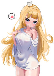  1girl absurdres arm_behind_back armpits blonde_hair blue_eyes blush bottomless breasts closed_mouth covered_navel crown embarrassed eyebrows_hidden_by_hair feet_out_of_frame hand_on_own_chest highres hime-sama_&quot;goumon&quot;_no_jikan_desu hime_(himesama_goumon) kafun_nuigurumi long_hair looking_at_viewer medium_breasts mini_crown rags shirt_slip simple_background solo spoken_blush very_long_hair wavy_mouth white_background 