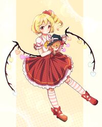  1girl absurdres ascot blonde_hair closed_mouth crystal_wings dress drill_hair dungeon_toaster flandre_scarlet full_body hat heart highres mary_janes red_dress red_eyes shoes side_ponytail solo striped_clothes striped_thighhighs stuffed_animal stuffed_toy teddy_bear thighhighs touhou witch_hat yellow_ascot 