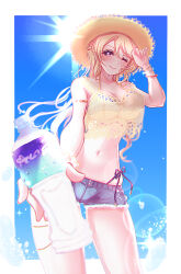  1girl ayase_eli bad_id bad_pixiv_id bikini blonde_hair blouse bottle breasts female_focus hat lichi_(elielielichi_10) long_hair looking_at_viewer love_live! love_live!_school_idol_project one_eye_closed shirt sky smile solo solo_focus straw_hat sun sunlight swimsuit water_bottle 