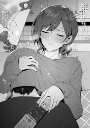  1boy 1girl aged_up blush breast_sucking breastfeeding closed_eyes controller greyscale head_under_another&#039;s_clothes hetero highres higuchi_madoka idolmaster idolmaster_shiny_colors indoors jewelry lactation mole mole_under_eye monochrome nipples producer_(idolmaster) remote_control ring steam sweatdrop tsurui twintails under_another&#039;s_clothes wedding_ring  rating:Questionable score:123 user:danbooru