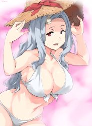  1girl aged_up alternate_breast_size armpits bikini boku_no_hero_academia breasts cafekun cleavage eri_(boku_no_hero_academia) hat highres horns large_breasts long_hair looking_at_viewer open_mouth pink_background red_eyes silver_hair simple_background single_horn solo swimsuit thighs white_bikini  rating:Sensitive score:159 user:twilight_jester