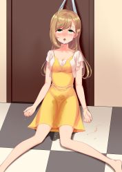 1girl absurdres artist_request asphyxiation blonde_hair blush dress highres original peeing rope solo tagme rating:Explicit score:23 user:Soylent_weevil