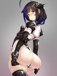 10s 1girl abyssal_ship ahoge ass black_hair blue_eyes blush breasts collar corruption dark_persona earrings gloves gradient_background hair_ornament hair_over_shoulder heart heart-shaped_pupils highleg highleg_leotard highres huge_ass jewelry kantai_collection latex leotard looking_at_viewer looking_back open_mouth pussy_juice sailor_collar shigure_(kancolle) small_breasts solo standing symbol-shaped_pupils thighhighs torisan wide_hips rating:Explicit score:96 user:armorcrystal