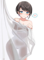  1girl absurdres aqua_eyes blush breasts brown_hair cleavage completely_nude covering_privates curtains highres hololive looking_at_viewer medium_breasts nude nude_cover oozora_subaru short_hair simple_background solo spoken_blush standing tihirowo virtual_youtuber white_background 