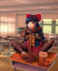 1girl alternate_costume arms_behind_back artist_name blue_eyes blue_hair boots breasts classroom feet hair_ribbon highres legs long_hair looking_at_viewer nakoruru official_alternate_costume open_mouth pantyhose ribbon samurai_spirits scarf school_uniform sitting skirt small_breasts solo the_king_of_fighters the_king_of_fighters_xiv thick_thighs thighs tied_up_(nonsexual)